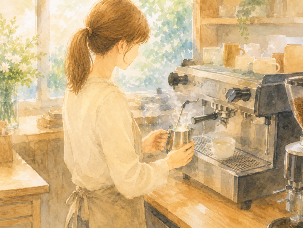 カフェでエスプレッソマシンを使いミルクを温める女性の水彩イラスト