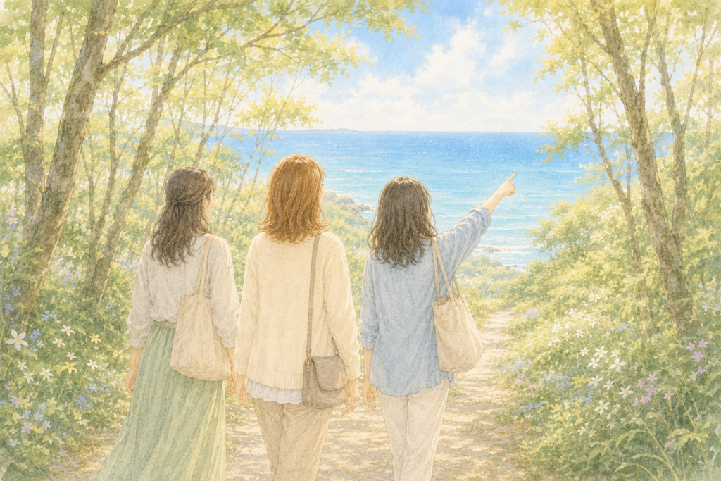 海へ続く道を歩く母と2人の娘の水彩イラスト